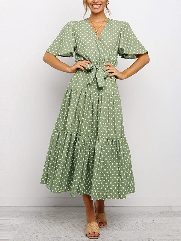 Polka Dot V-neck Short Sleeve Casual Belt Women Midi Dress Trendy Square Neck Midi Dress Polka Dot V-neck Short Sleeve Casual Belt Women Midi Dress Trendy Square Neck Midi Dress