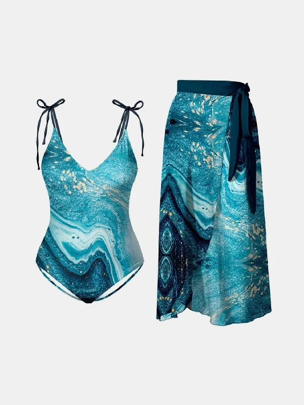 Printed Tie Shoulder Swimwear and Skirt Swim Set Playful Pattern Swimsuit