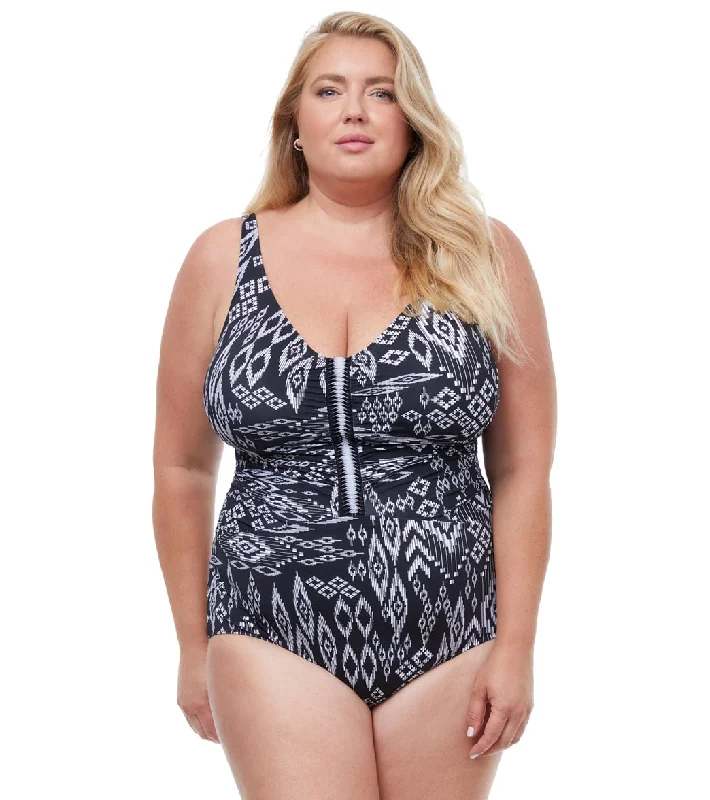 Profile by Gottex Women's Plus Size Pervian Nights V Neck One Piece Swimsuit BLK/WHT Flirty Ruffle Swimsuit