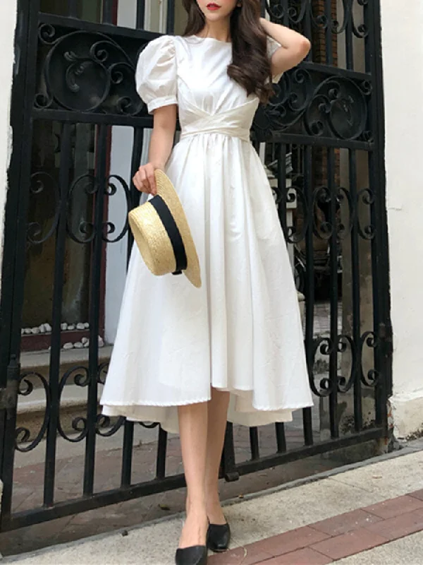 Puff Sleeve Back Zipper Drawstring Pure Color Belted Casual Women Midi Dress Elegant V-Neck Midi Dress Puff Sleeve Back Zipper Drawstring Pure Color Belted Casual Women Midi Dress Elegant V-Neck Midi Dress