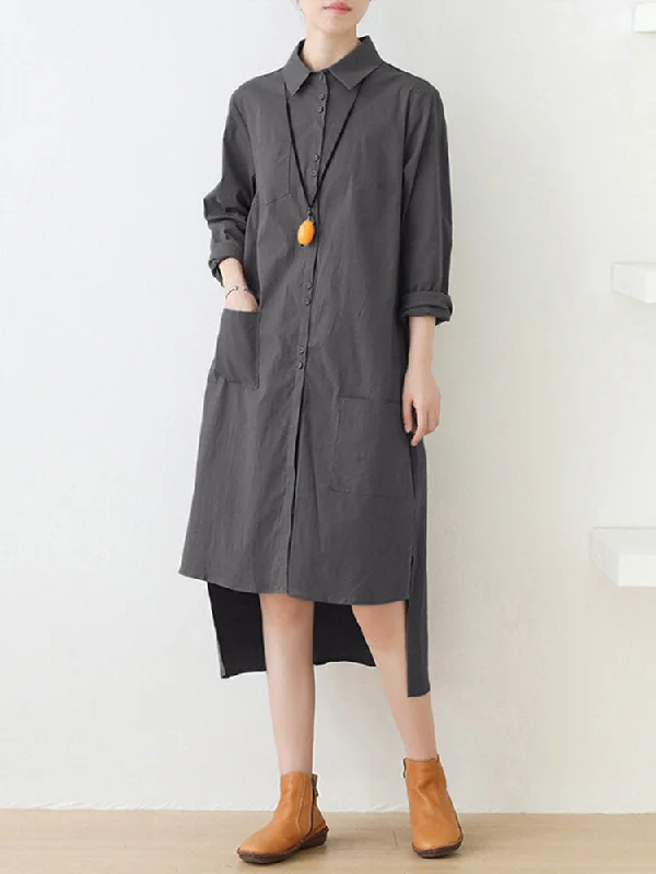 Pure Color Button Pocket Lapel Collar High-low Hem Long Sleeve Shirt Women Midi Dress Trendy Floral Wrap Midi Dress Pure Color Button Pocket Lapel Collar High-low Hem Long Sleeve Shirt Women Midi Dress Trendy Floral Wrap Midi Dress