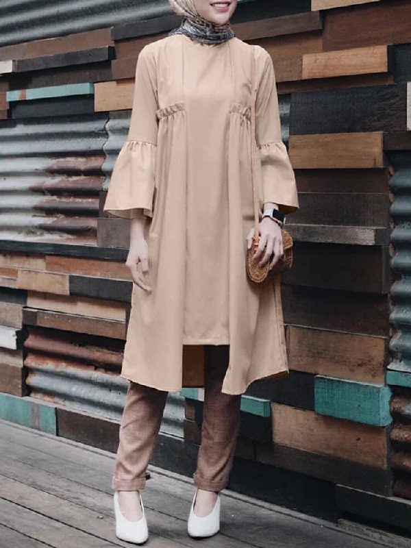 Pure Color Irregular Hem Flared Sleeve O-neck Casual Women Midi Dress Stylish Button-Down Midi Dress Pure Color Irregular Hem Flared Sleeve O-neck Casual Women Midi Dress Stylish Button-Down Midi Dress