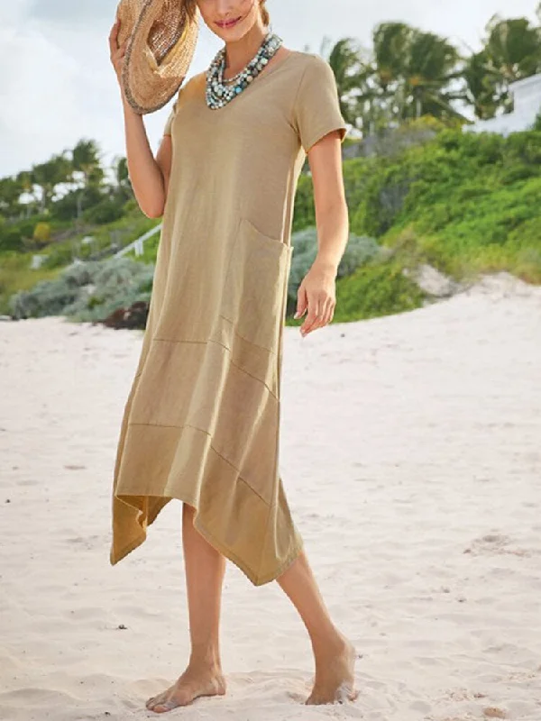 Pure Color Irregular Hem Short Sleeve Casual Pocket Women Midi Dress Stylish Vintage Midi Dress Pure Color Irregular Hem Short Sleeve Casual Pocket Women Midi Dress Stylish Vintage Midi Dress