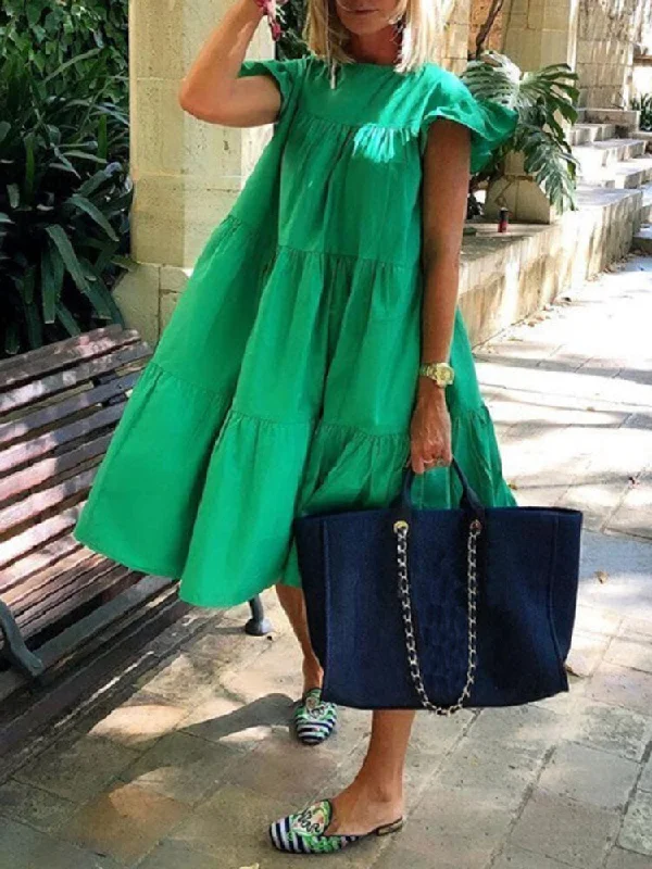Pure Color Loose Ruffles Short Sleeve Casual Women Midi Dress Trendy Off-Shoulder Button Midi Dress Pure Color Loose Ruffles Short Sleeve Casual Women Midi Dress Trendy Off-Shoulder Button Midi Dress