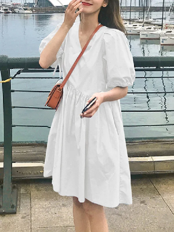 Pure Color Puff Sleeve V-neck Pleats Plain Daily Casual Women Midi Dress Elegant Lace Trim Midi Dress Pure Color Puff Sleeve V-neck Pleats Plain Daily Casual Women Midi Dress Elegant Lace Trim Midi Dress
