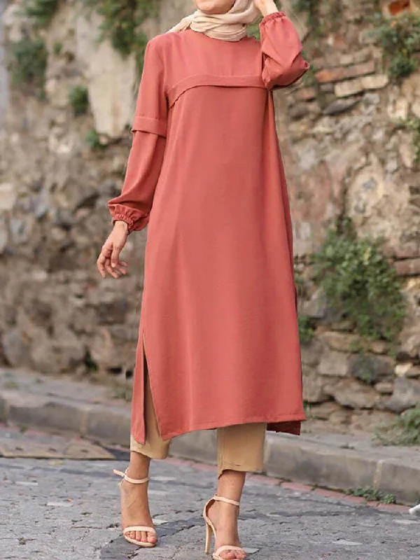 Pure Color Puff Sleeves Silt Elastic Cuffs O-neck Casual Women Midi Dress Elegant Maxi-Midi Hybrid Dress Pure Color Puff Sleeves Silt Elastic Cuffs O-neck Casual Women Midi Dress Elegant Maxi-Midi Hybrid Dress