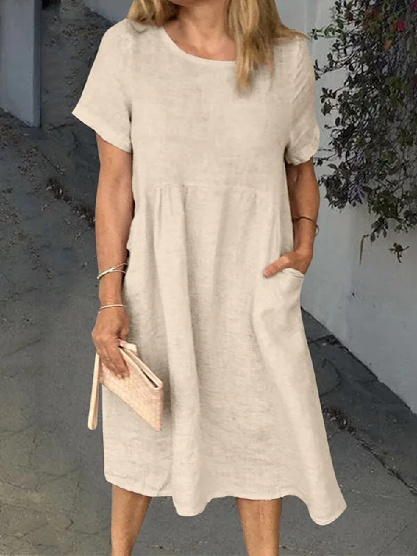 Pure Color Round Neck Pocket Short Sleeve Daily Casual Women Midi Dress Stylish Midi Dress with Cuffs Pure Color Round Neck Pocket Short Sleeve Daily Casual Women Midi Dress Stylish Midi Dress with Cuffs