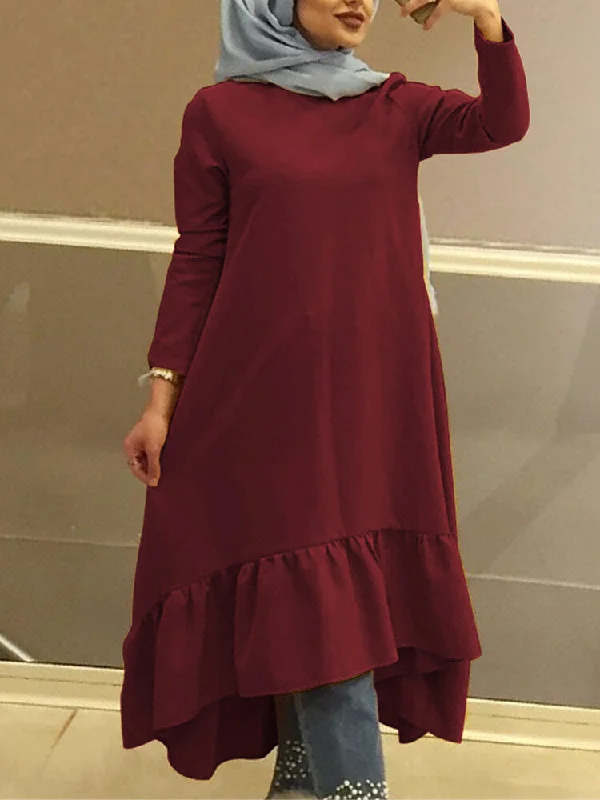 Pure Color Ruffled High Low Hem Full Sleeve O-neck Pocket Women Midi Dress Stylish Long Sleeve Floral Midi Dress Pure Color Ruffled High Low Hem Full Sleeve O-neck Pocket Women Midi Dress Stylish Long Sleeve Floral Midi Dress