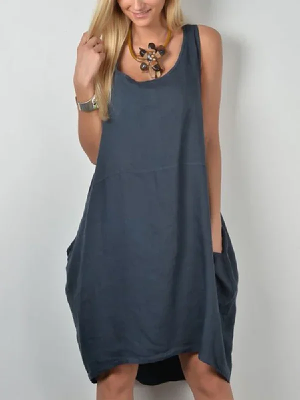 Pure Color Scoop Neck Big Pocket Sleeveless Casual Women Midi Dress Stylish Color Block Midi Dress Pure Color Scoop Neck Big Pocket Sleeveless Casual Women Midi Dress Stylish Color Block Midi Dress