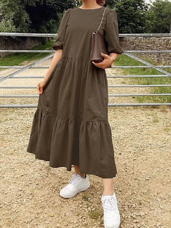 Pure Color Tiered Round Neck Half Sleeve Simple Ruffle Women Midi Dress Comfortable Ribbed Midi Dress Pure Color Tiered Round Neck Half Sleeve Simple Ruffle Women Midi Dress Comfortable Ribbed Midi Dress