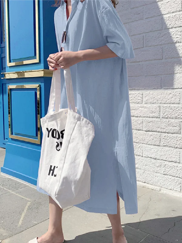 Pure Color V-neck Lapel Collar Split Hem Casual Women Midi Dress Cozy A-Line Midi Dress Pure Color V-neck Lapel Collar Split Hem Casual Women Midi Dress Cozy A-Line Midi Dress