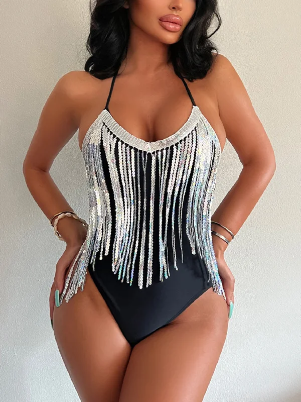 Sequin Spaghetti Strap One-Piece Swimwear Stylish Beachwear Set