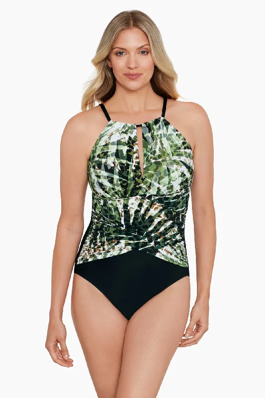 Draped High Neck Mio One Piece Swimsuit Wild Leaf Plunge Back Swimsuit