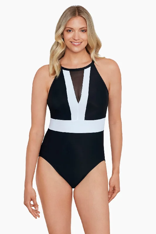 High Neck Mesh Insert Mio One Piece Swimsuit Meshed Up Quick-Dry Swimsuit