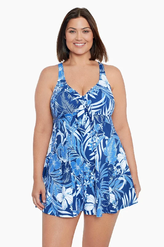 Plus Size Bow Front One Piece Swim Dress In My Blues High-Waisted Swim Bottoms