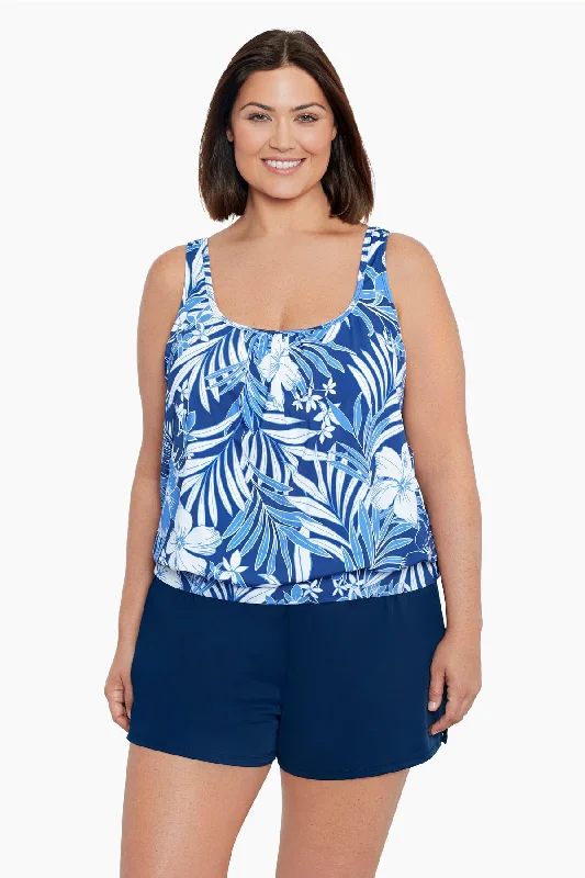 Plus Size Shirred Neck Blouson Tankini Top In My Blues Tie-Back Swimwear