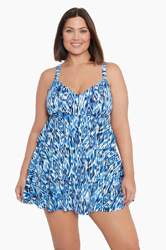 Plus Size Triple Tier Swim Dress Ikats Meow Chic Swimsuit Cover-Up