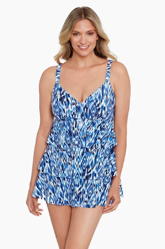 Triple Tier One Piece Swim Dress Ikats Meow Retro Swimwear Style