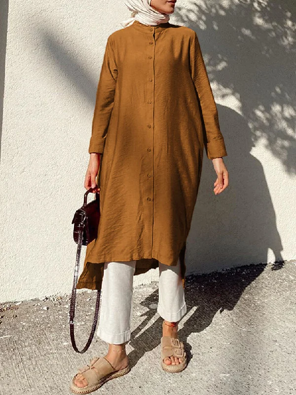 Solid Knee Length Button Up Long Sleeve High-low Hem Kaftan Robe Women Midi Dress Comfortable Lace-Up Midi Dress Solid Knee Length Button Up Long Sleeve High-low Hem Kaftan Robe Women Midi Dress Comfortable Lace-Up Midi Dress