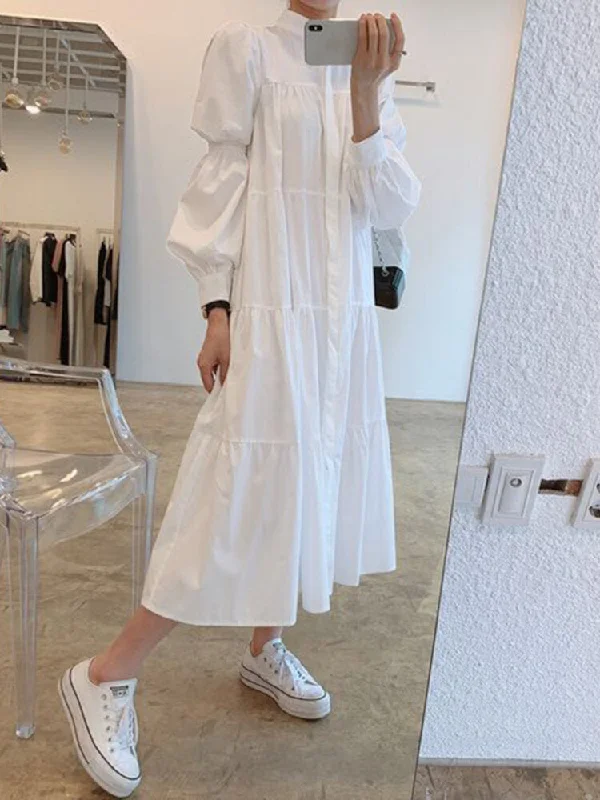 Solid Tiered Stand Collar Pleats Puff Sleeve Casual Shirt Women Midi Dress Trendy Long Sleeve Midi Dress Solid Tiered Stand Collar Pleats Puff Sleeve Casual Shirt Women Midi Dress Trendy Long Sleeve Midi Dress
