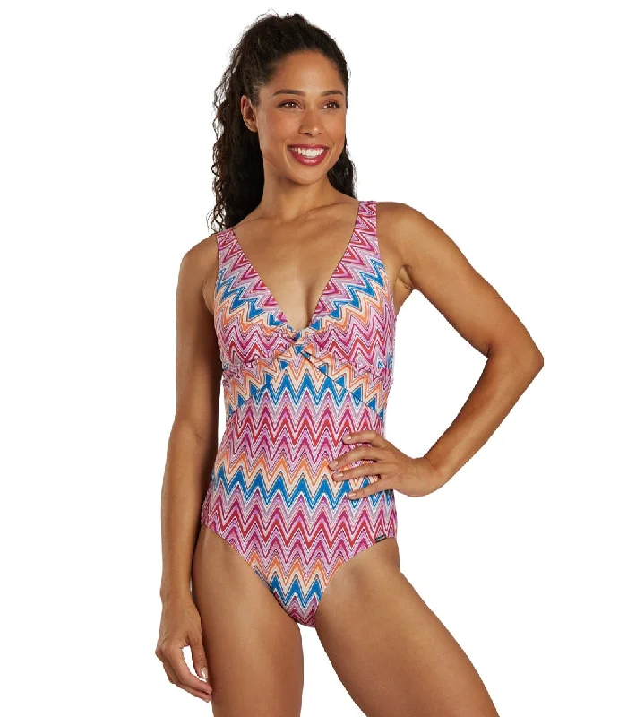 Sunmarin Women's Burst Twist Front One Piece Swimsuit Pink Ruched Swimwear Set