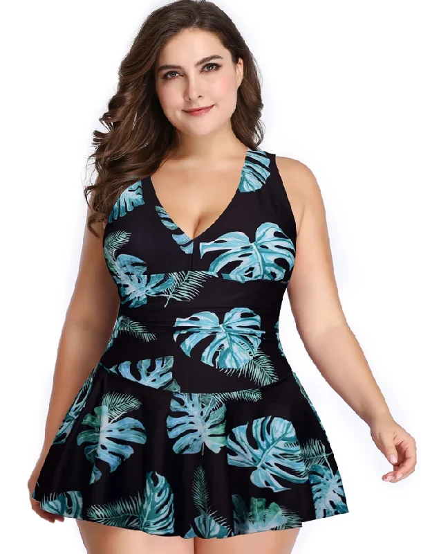 Swimdress Two Piece Retro V-Neck Swimsuit with Ruffles Black Leaf Print Classic One-Piece