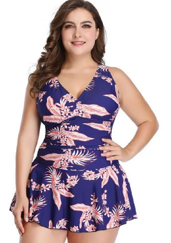 Swimdress Two Piece Retro V-Neck Swimsuit with Ruffles Purple Flirty Ruffle Swimsuit