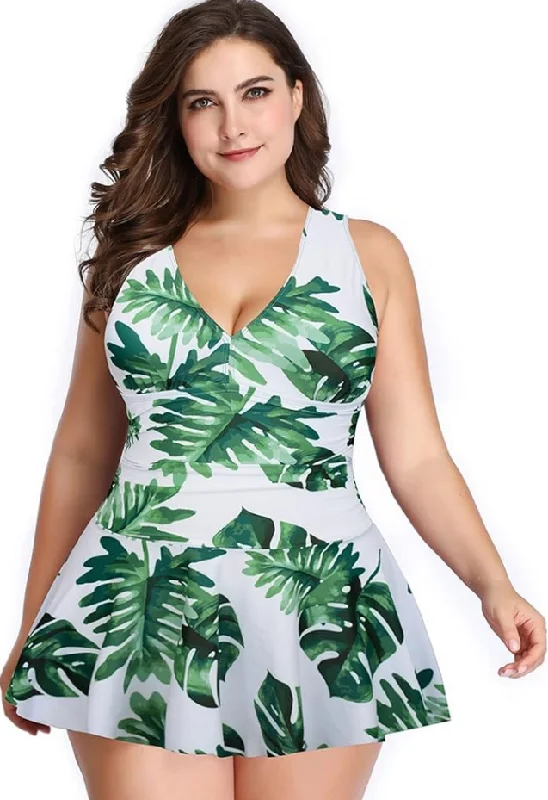 Swimdress Two Piece Retro V-Neck Swimsuit with Ruffles White Leaf Print Bold Swimsuit Design