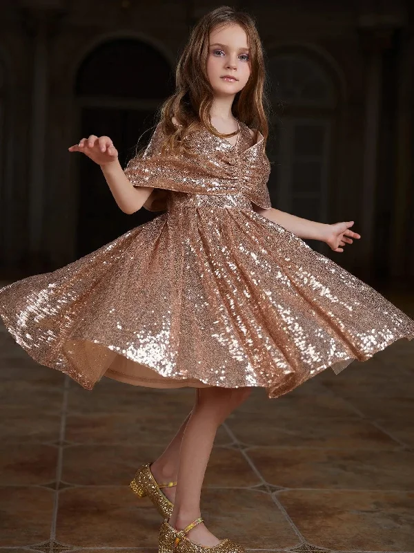 Tween Girls' Bow Detail Sequin Midi Dress Stylish Button-Up Midi Dress