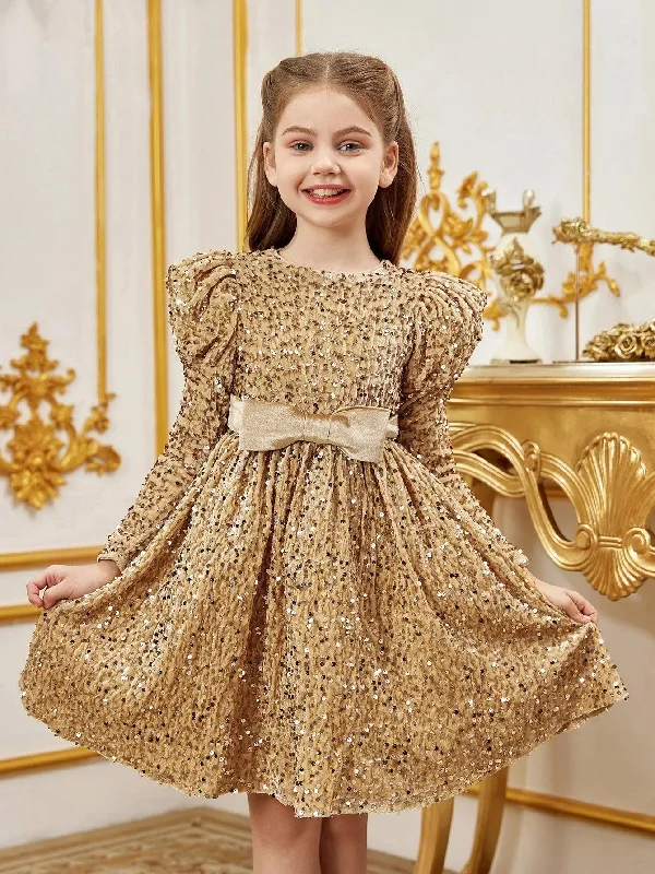 Tween Girls' Gigot Sleeve Bow Decor Sequin Midi Dress Elegant Maxi-Midi Hybrid Dress