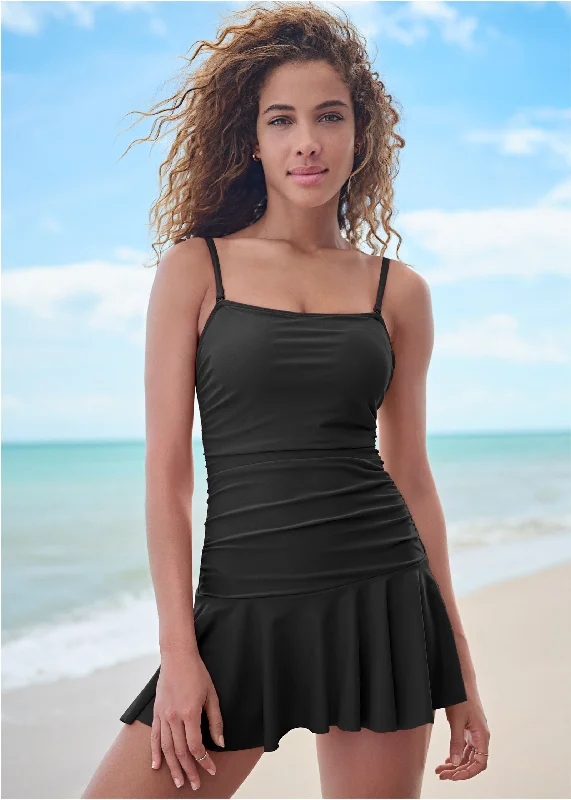 Skirted Bandeau Swim Dress - Black Beauty Vibrant Bikini Design