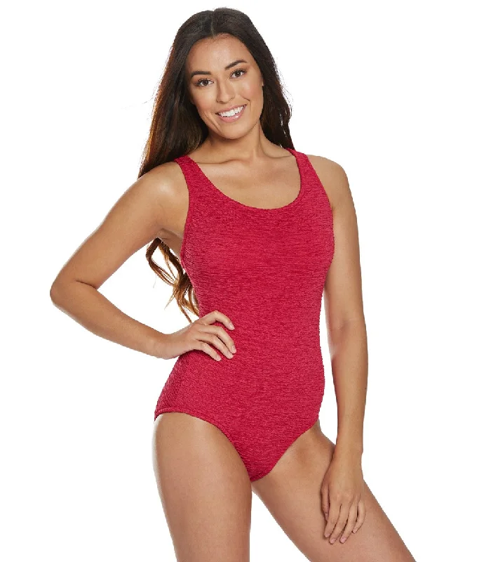 Women's Krinkle By Penbrooke Chlorine Resistant Cross Back One Piece Swimsuit Poppy Red Plunge Neckline Swimsuit