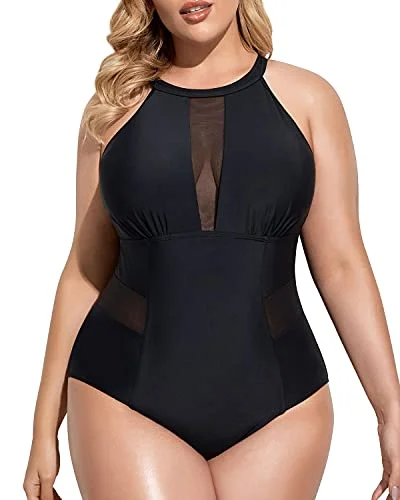 Sleek High-Neck Plus Size Swimwear Tummy Control For Curvy Women-Black Playful Pattern Swimsuit