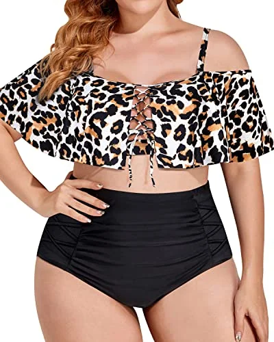 Trendy Ruffle Flounce Two Piece Swimsuit For Plus Size Women-Black And Leopard Minimalist One-Piece