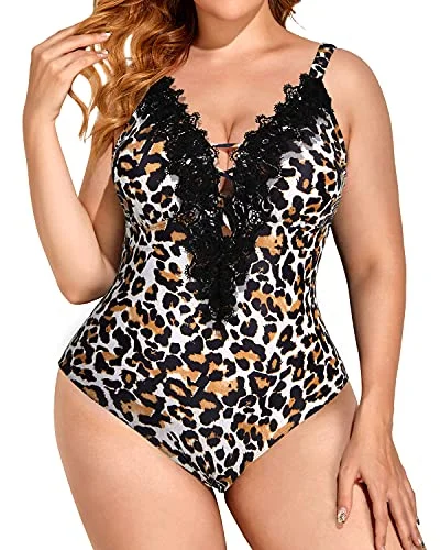 Sexy Plunging Neckline Plus Size One Piece Swimsuits For Women-Leopard Push-Up Bikini Bottoms