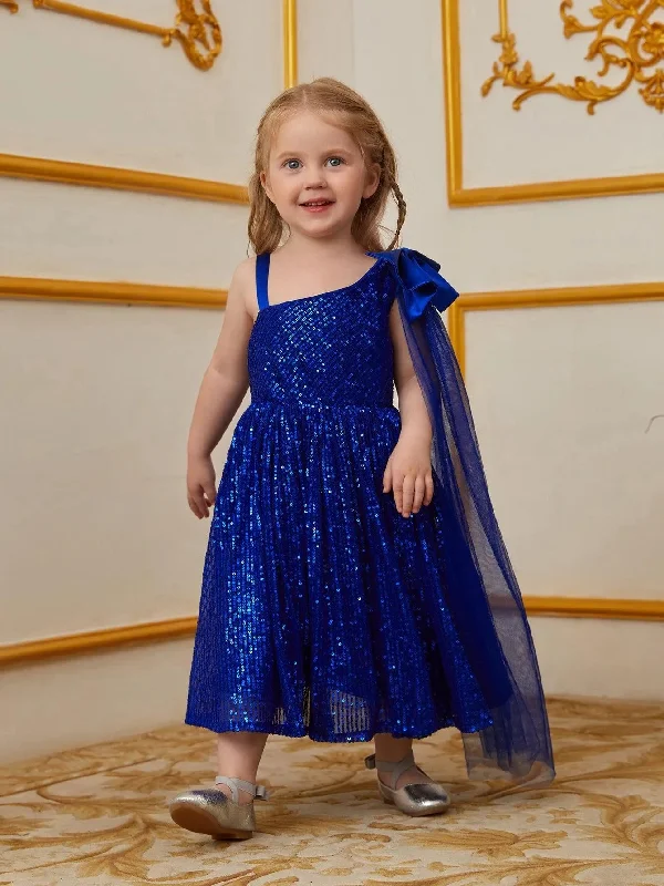 Young Girls' Bow Detail Draped Side Sequin Midi Dress Elegant Velvet Midi Dress