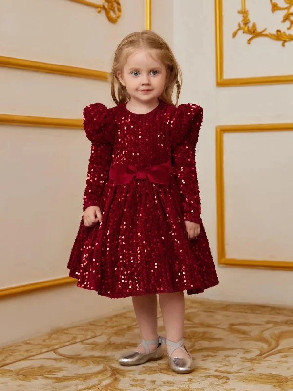 Young Girls' Gigot Sleeve Bow Decor Sequin Midi Dress Comfortable Button Front Midi Dress Young Girls' Gigot Sleeve Bow Decor Sequin Midi Dress Comfortable Button Front Midi Dress