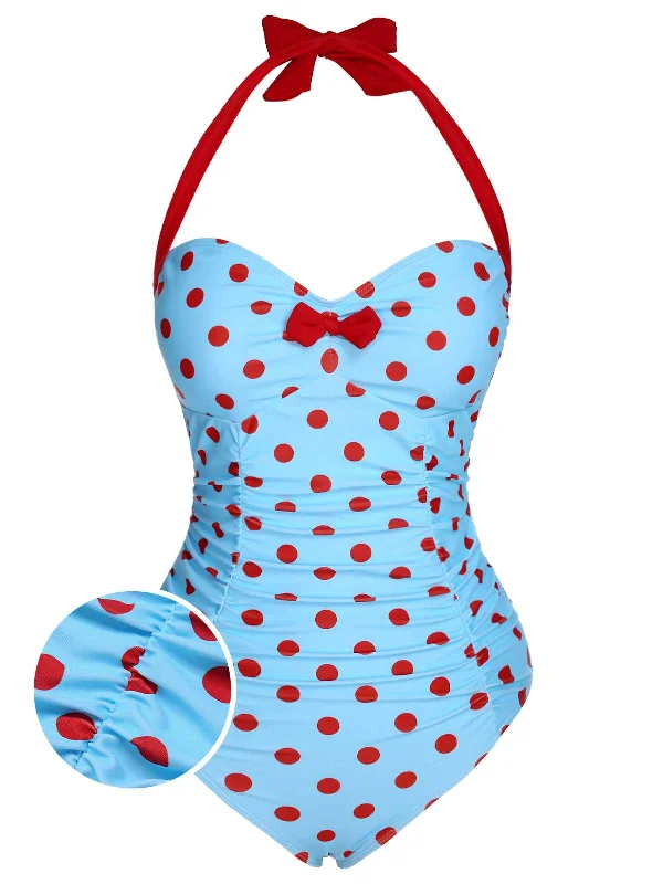 1940s Halter Contrast Polka Dots One-Piece Swimsuit Classic One-Piece