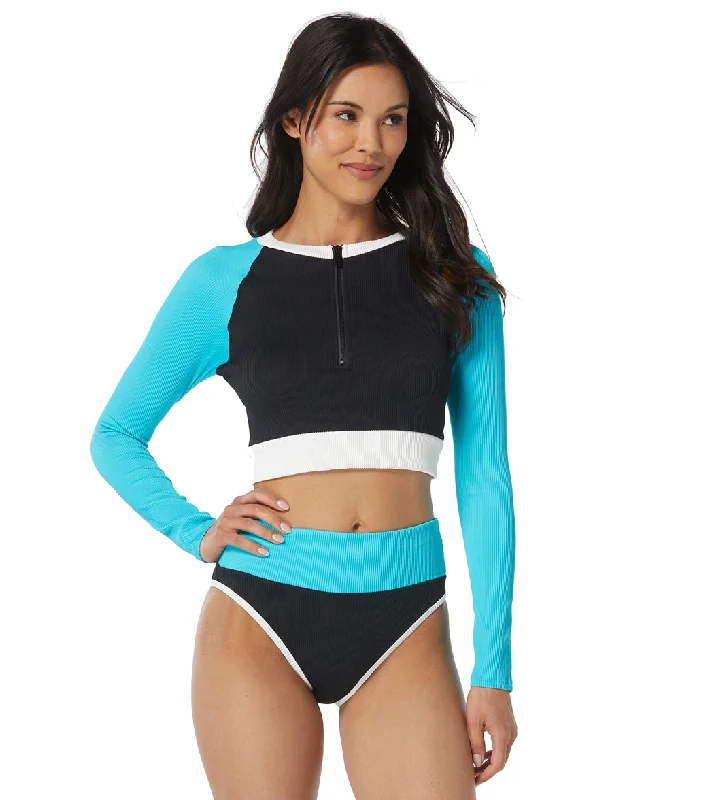 Beach House Women's Color Block Ribbed Nadi Top Long Sleeve Front Zip Swim Top Black Quick-Dry Swimsuit Beach House Women's Color Block Ribbed Nadi Top Long Sleeve Front Zip Swim Top Black Quick-Dry Swimsuit
