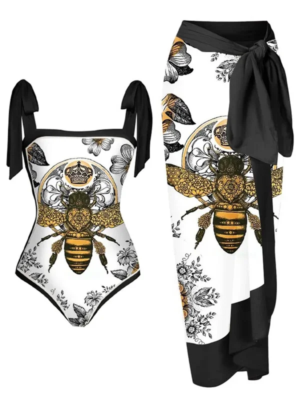 Black & White 1950s Bee Swimsuit & Cover-up Beach Ready Swimsuit