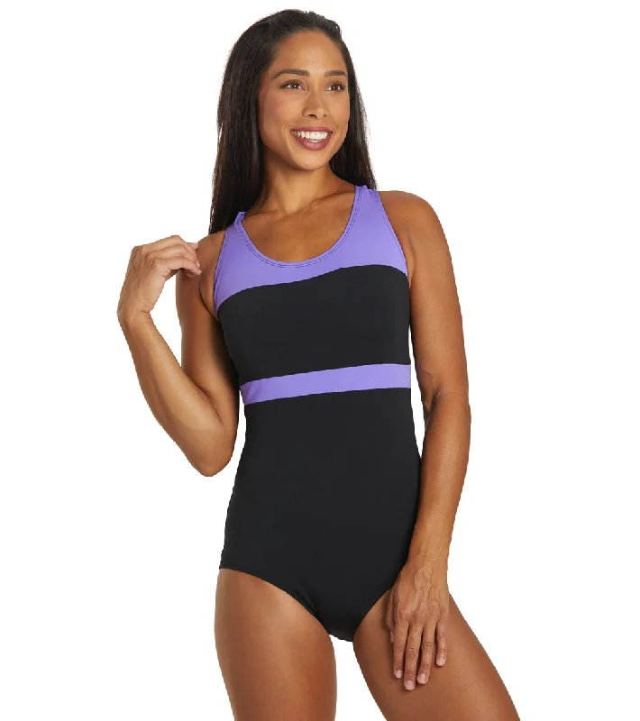 Dolfin Conservative Color Block Lap Suit Swimsuit Black/Purple Vintage Swimwear Look Dolfin Conservative Color Block Lap Suit Swimsuit Black/Purple Vintage Swimwear Look
