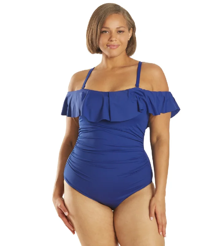 La Blanca Plus Size Island Goddess Off Shoulder Ruffle One Piece Swimsuit Blueberry Monokini Swimsuit Design La Blanca Plus Size Island Goddess Off Shoulder Ruffle One Piece Swimsuit Blueberry Monokini Swimsuit Design