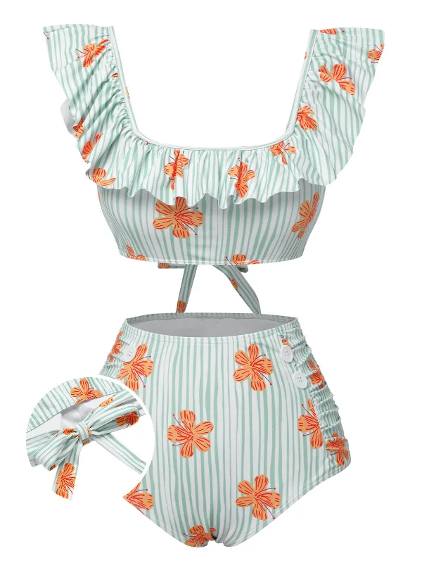 Light Green 1950s Floral Stripe Ruffle Swimsuit Classic Monokini Design
