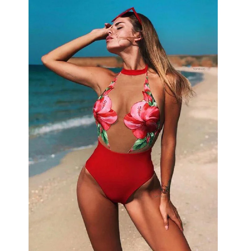 See-Through Tulle One-Piece Swimsuit Swim Dress with Belt
