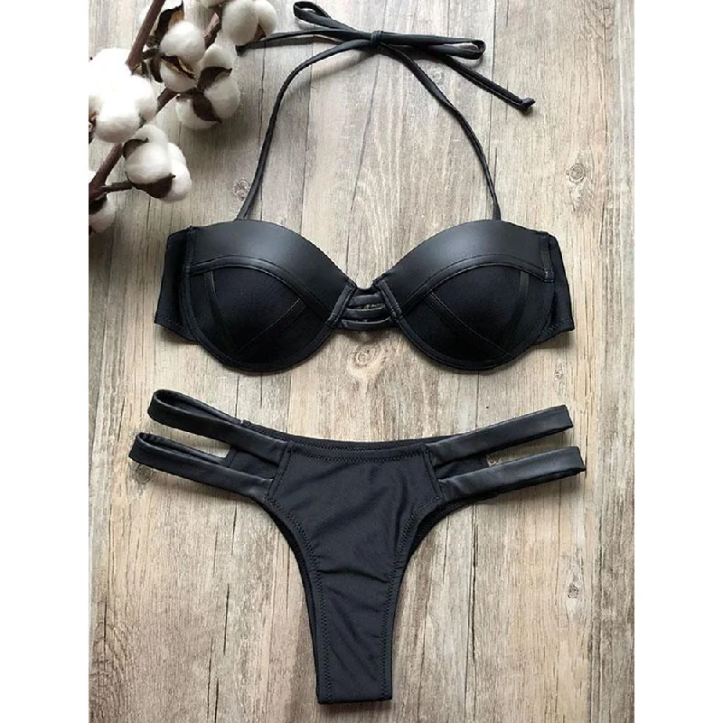 Plain Lace-Up Balconette Bikini Swimsuit Sporty Racerback Swimsuit