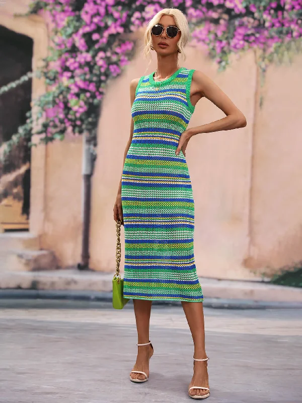 Michalina Striped Round Neck Sleeveless Midi Crochet Swimsuit Cover Up Dress Quick-Dry Swimsuit Michalina Striped Round Neck Sleeveless Midi Crochet Swimsuit Cover Up Dress Quick-Dry Swimsuit