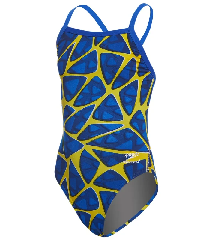 Speedo Endurance+ Girls' Caged Out Flyback One Piece Swimsuit Sapphire/Gold Button-Front Swimsuit Speedo Endurance+ Girls' Caged Out Flyback One Piece Swimsuit Sapphire/Gold Button-Front Swimsuit