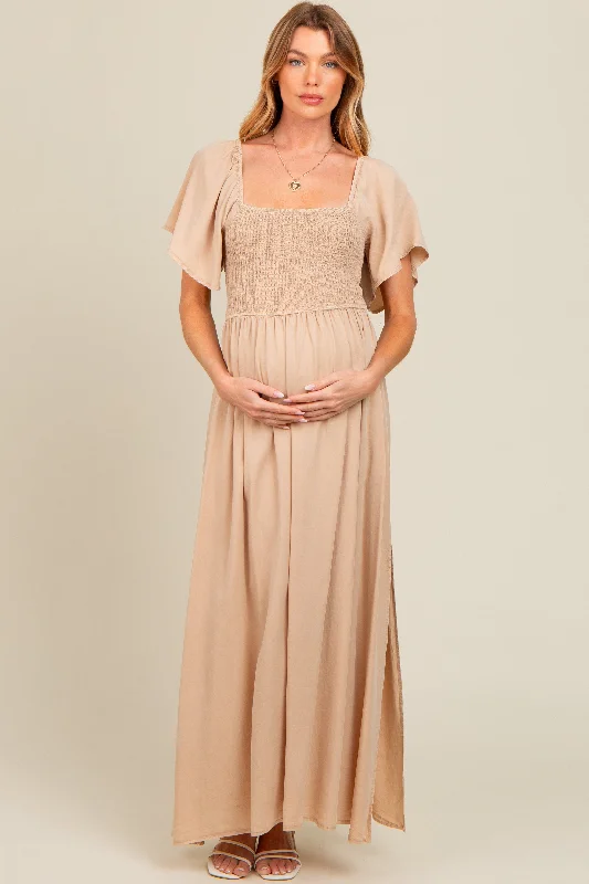 Beige Chambray Smocked Maternity Maxi Dress Elegant Floral Maxi Dress