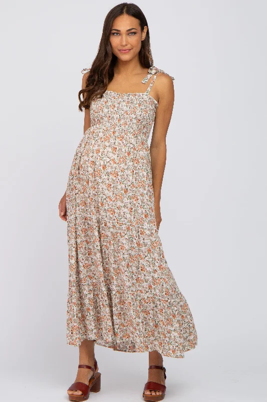 Beige Floral Sleeveless Tiered Maternity Maxi Dress Fashionable Faux Wrap Maxi Dress