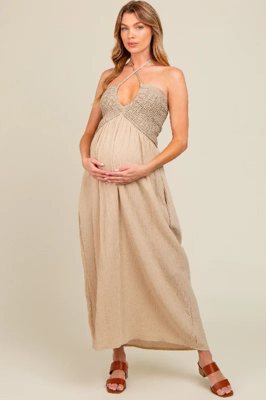 Beige Halter Crochet Top Maternity Maxi Dress Stylish Long Sleeve Maxi Dress